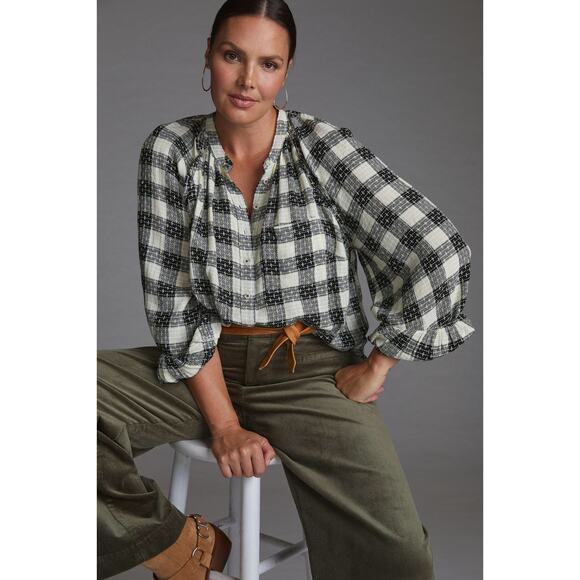 Anthropologie Pilcro Breezy Plaid Buttondown Top XS Check Textured Long Sleeve - Picture 8 of 13